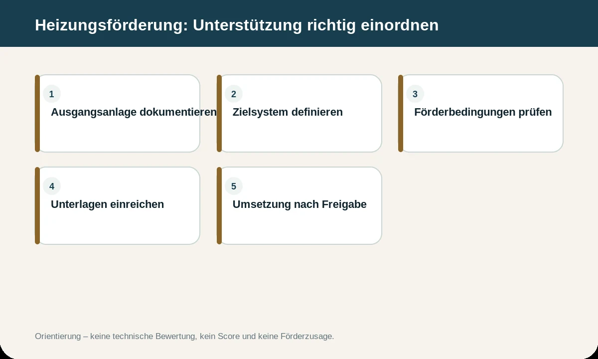 Infografik zu Heizungsförderung: Welche Unterstützung kommt infrage?. Die Inhalte werden zusätzlich im Text erläutert.