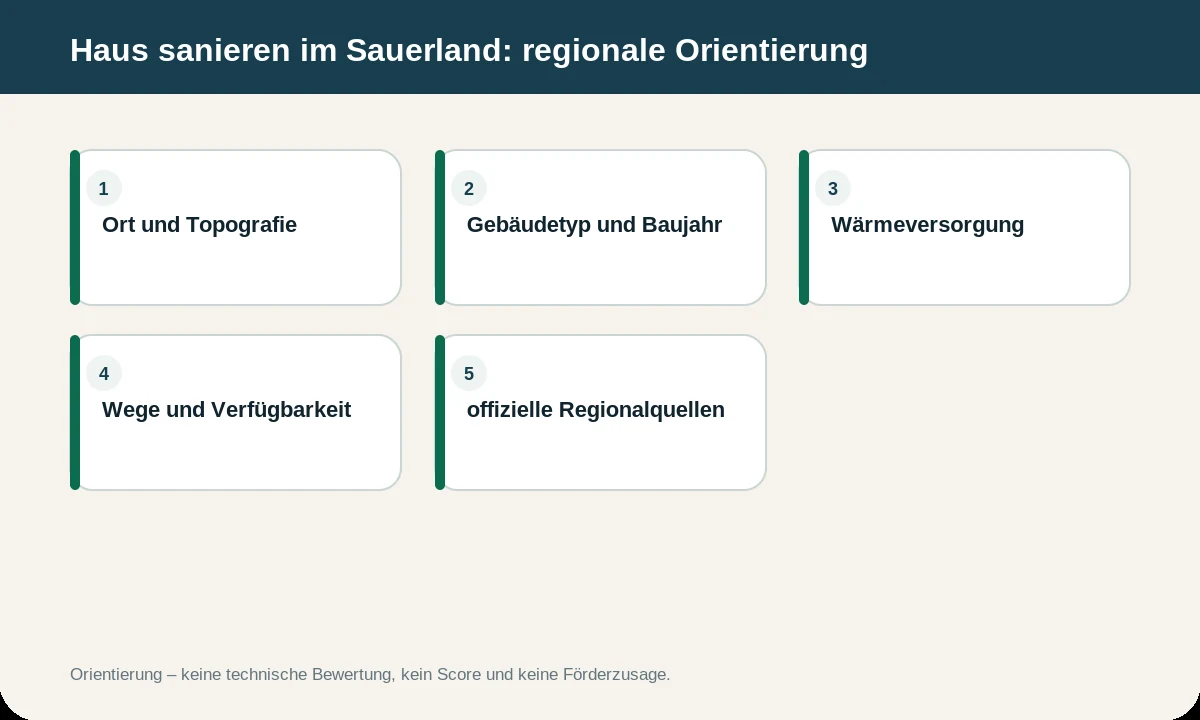 Infografik zu Haus sanieren im Sauerland: Regionale Orientierung für Eigentümer. Die Inhalte werden zusätzlich im Text erläutert.